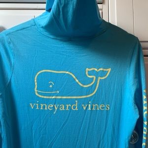 Blue and yellow vineyard long sleeve with hood